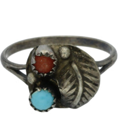 Navajo Handmade Turquoise & Coral Feather Ring - Size 5