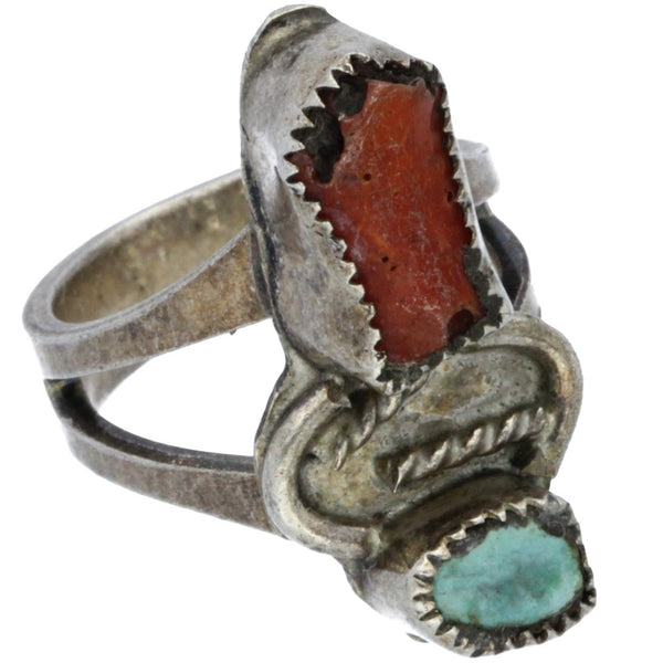 Navajo Handmade Turquoise & Coral Stacked Midi Ring - Size 3.5