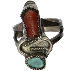 Navajo Handmade Turquoise & Coral Stacked Midi Ring - Size 3.5