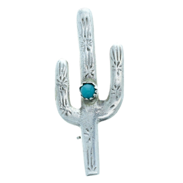 Petite Navajo Handmade Carved Turquoise Cactus Pin Brooch