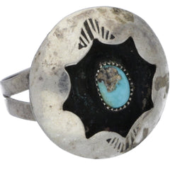 Navajo Hand-Punched Scalloped Shadow Box Turquoise Ring - Size 5