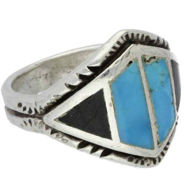 Navajo Handmade Onyx & Turquoise Inlay Ring - Size 8