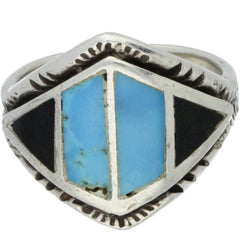 Navajo Handmade Onyx & Turquoise Inlay Ring - Size 8