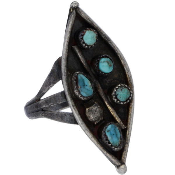 Zuni Handmade Elongated Turquoise Cluster Ring - Size 5