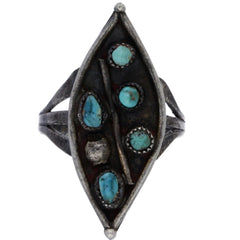 Zuni Handmade Elongated Turquoise Cluster Ring - Size 5