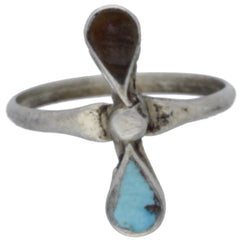 Zuni Turquoise & Tigers Eye Teardrop Inlay Midi Ring - Size 3.5