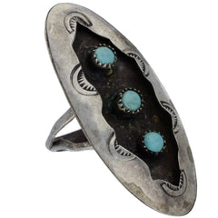 Zuni Handmade Elongated Turquoise Stamped Shadowbox Ring - Size 5