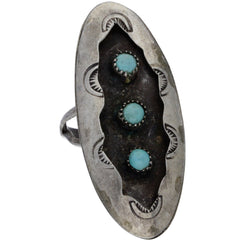 Zuni Handmade Elongated Turquoise Stamped Shadowbox Ring - Size 5