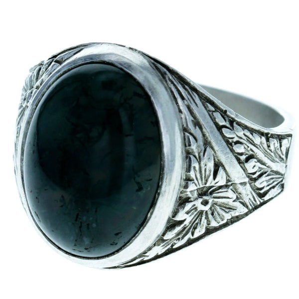 Floral Repousse Moss Agate Cabochon Ring - Size 9.25