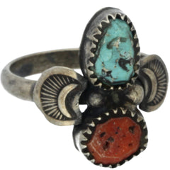 Navajo Handmade Turquoise & Coral Wings Ring - Size 9.75