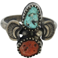 Navajo Handmade Turquoise & Coral Wings Ring - Size 9.75