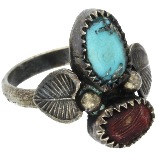 Navajo Handmade Turquoise & Coral Leaf Ring - Size 10