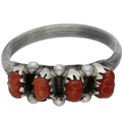 Zuni Handmade Coral Oblong Snake Eye Ring - Size 7.25