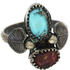 Navajo Handmade Turquoise & Coral Leaf Ring - Size 10