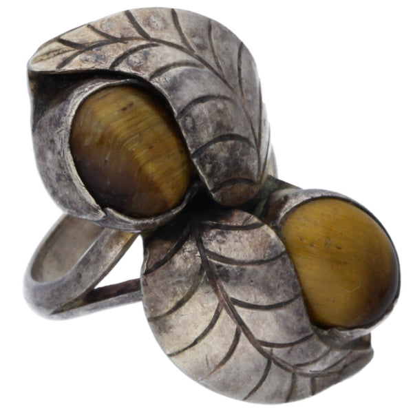 Navajo Handmade Tigers Eye & Leaves Midi Ring - Size 3