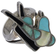 Zuni Handmade Turquoise, MOP, & Onyx Inlay Swallow Ring - Size 7.5