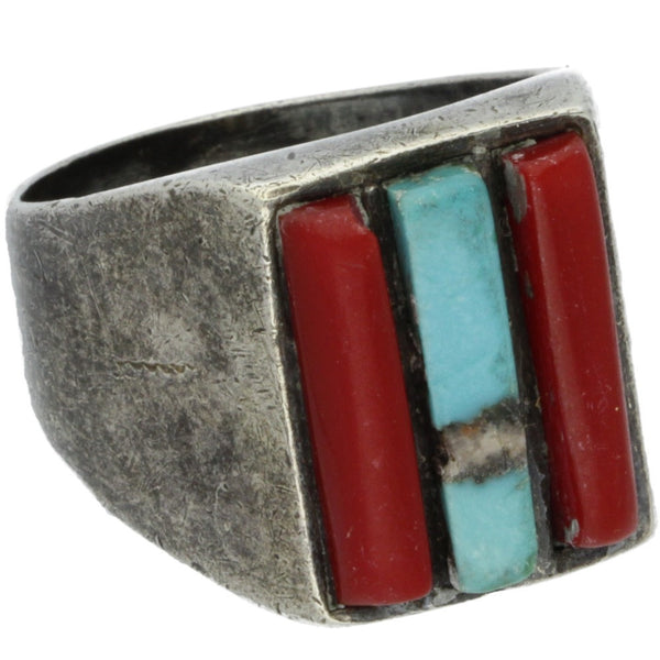 Navajo Handmade Turquoise & Coral Bars Ring - Size 9.75