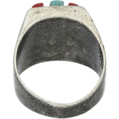 Navajo Handmade Turquoise & Coral Bars Ring - Size 9.75