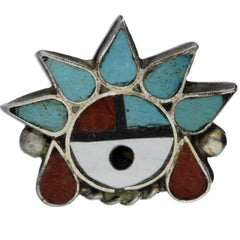 Zuni Handmade Turquoise, Coral and Onyx Sunface Midi Ring - Size 2