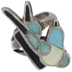 Zuni Handmade Turquoise, MOP, & Onyx Inlay Swallow Ring - Size 7.5