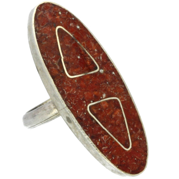 Navajo Handmade Filled Crushed Coral Inlay Ring - Size 4.5