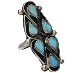 Zuni Handmade Elongated Turquoise Teardrops Ring - Size 6.25