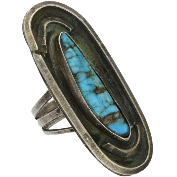 Navajo Handmade Elongated Turquoise Ring - Size 6.5