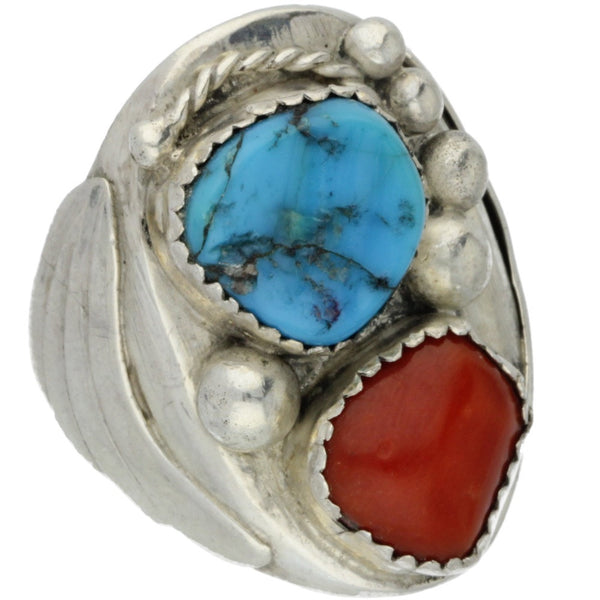 Navajo Handmade Turquoise Coral Ring - Size 9.75