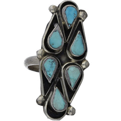 Zuni Handmade Elongated Turquoise Teardrops Ring - Size 6.25