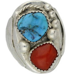 Navajo Handmade Turquoise Coral Ring - Size 9.75