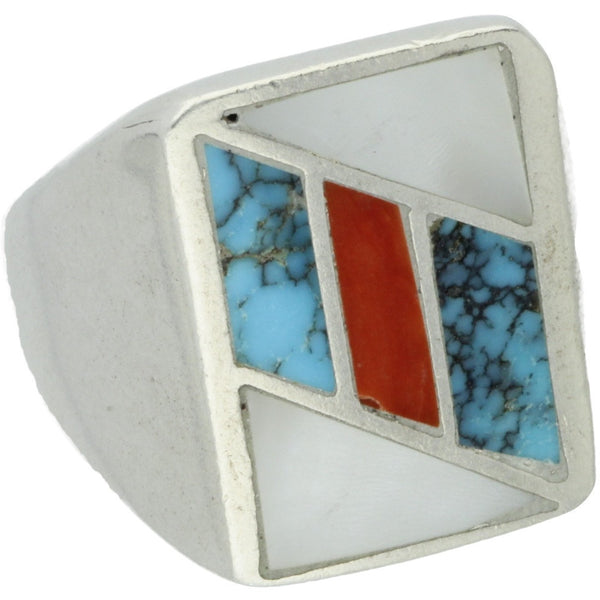 Navajo Handmade Turquoise, Coral, & Mother Of Pearl Inlay Ring - Size 10