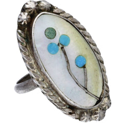 Zuni Handmade MOP & Turquoise Flowers Inlay Ring - Size 4.75