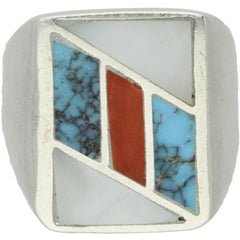 Navajo Handmade Turquoise, Coral, & Mother Of Pearl Inlay Ring - Size 10