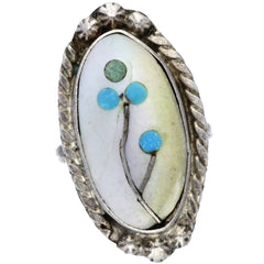 Zuni Handmade MOP & Turquoise Flowers Inlay Ring - Size 4.75