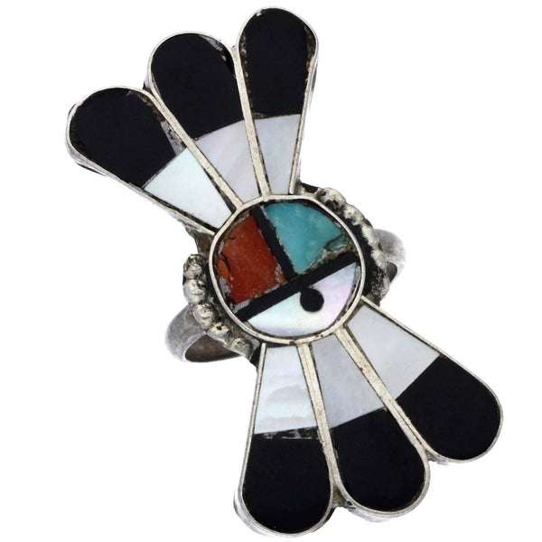 Zuni Handmade Turquoise, Coral, Mother of Pearl and Onyx Sunface Ring - Size 5