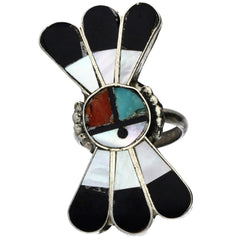 Zuni Handmade Turquoise, Coral, Mother of Pearl and Onyx Sunface Ring - Size 5