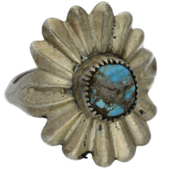 Navajo Handmade Turquoise Sand Cast Flower Ring - Size 7.75