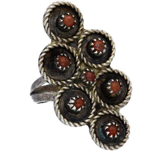 Zuni Handmade Elongated Braided Coral Snake Eye Ring - Size 7.5