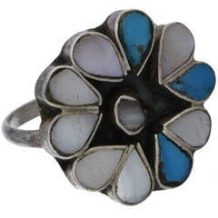 Zuni Handmade Turquoise & MOP Flower Inlay Ring - Size 7