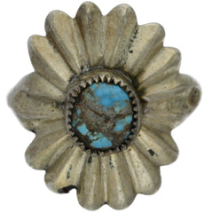 Navajo Handmade Turquoise Sand Cast Flower Ring - Size 7.75