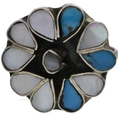 Zuni Handmade Turquoise & MOP Flower Inlay Ring - Size 7