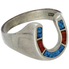 Navajo Turquoise & Coral Horseshoe Ring - Size 9.25