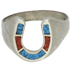 Navajo Turquoise & Coral Horseshoe Ring - Size 9.25