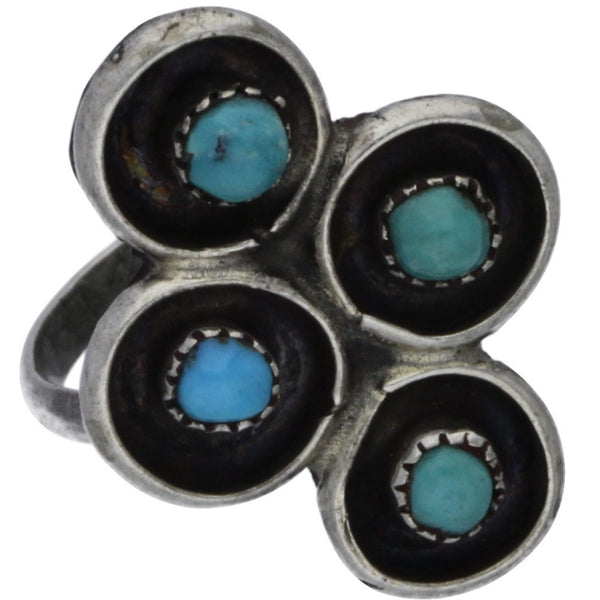 Zuni Handmade Turquoise Quadrant Shadowbox Ring - Size 5