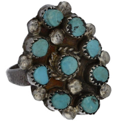 Zuni Handmade Dotted Turquoise Snake Eye Cluster Ring - Size 4