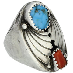 Navajo Turquoise & Coral Scalloped Ring - Size 9