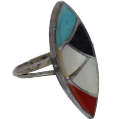 Zuni Turquoise, Coral, MOP & Onyx Inlay Ring - Size 5.25