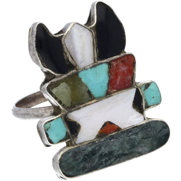 Zuni Handmade Warrior Turquoise, Coral, Onyx & MOP Inlay Ring - Size 5.5