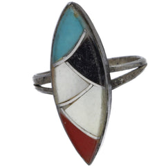 Zuni Turquoise, Coral, MOP & Onyx Inlay Ring - Size 5.25