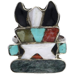 Zuni Handmade Warrior Turquoise, Coral, Onyx & MOP Inlay Ring - Size 5.5